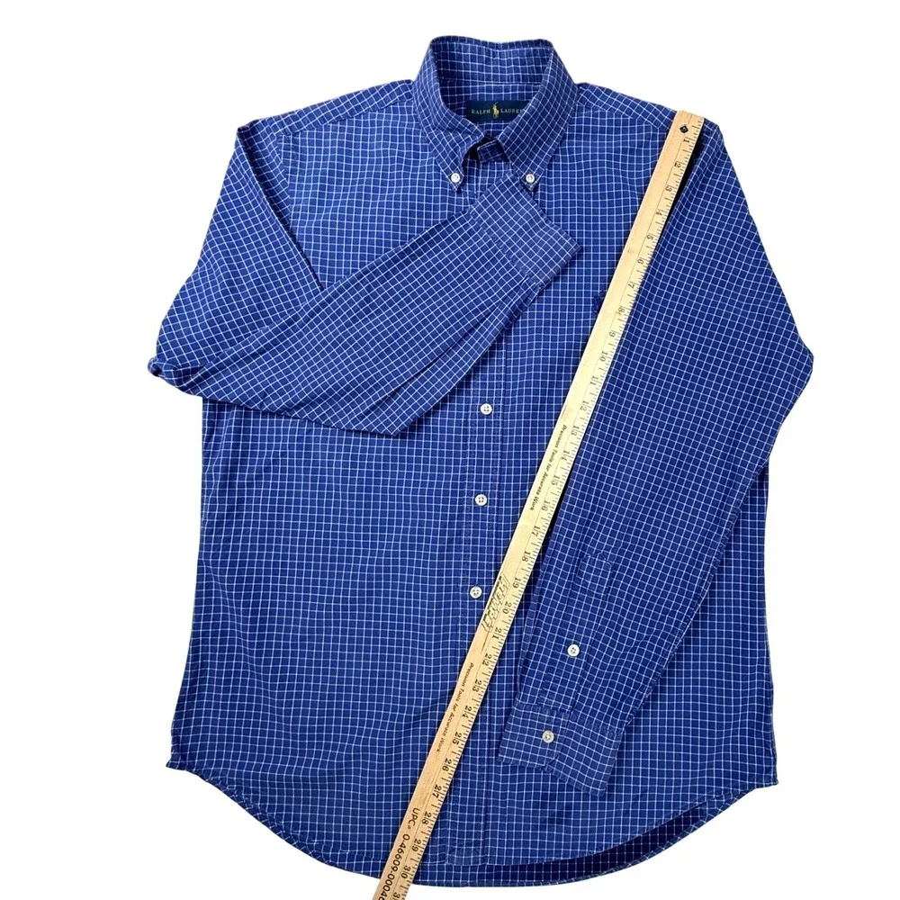 Ralph Lauren Mens Blue White Grid Button Down Shirt Long Sleeve Size Medium